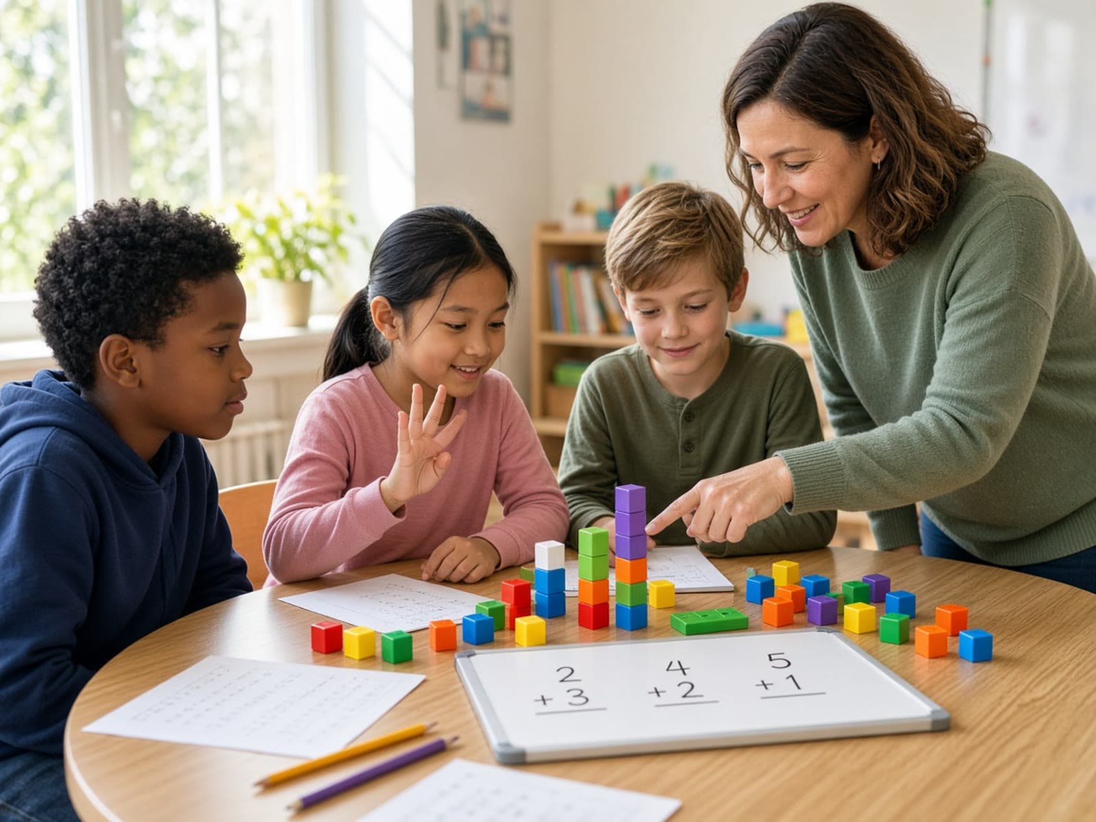 A teacher helping three children count with colorful linking cubes and solve addition problems at a table.