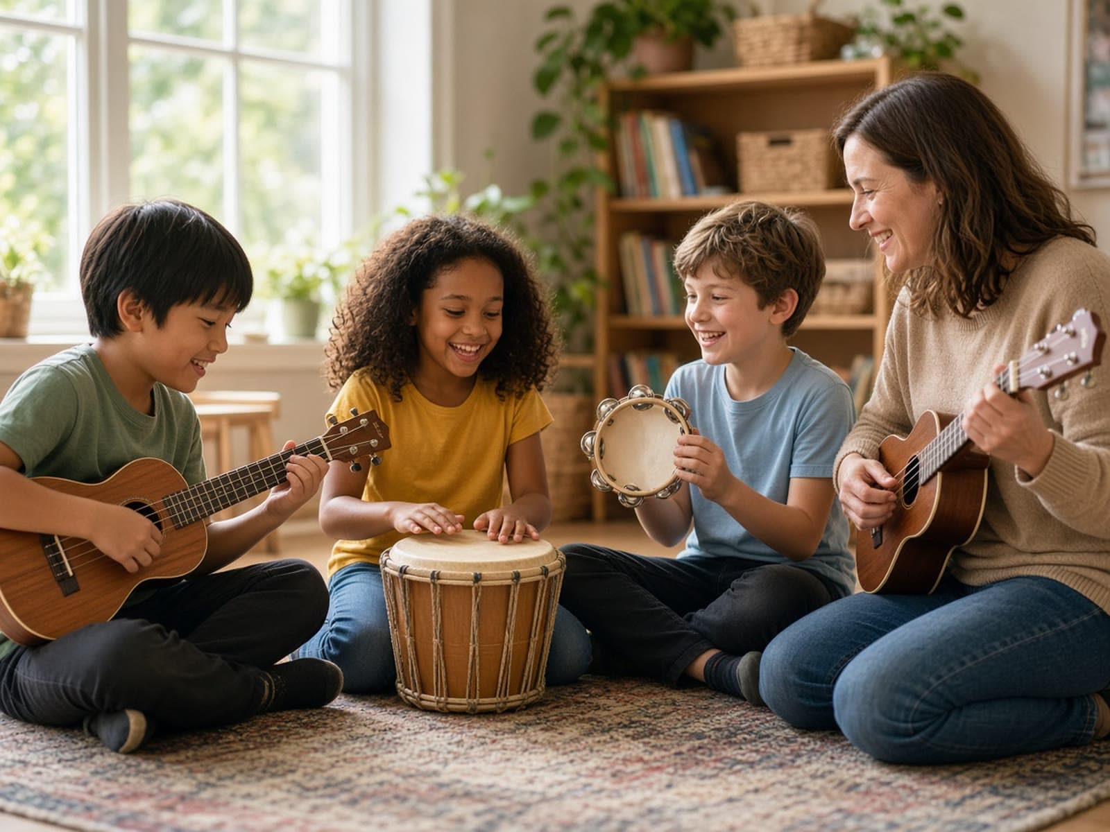 Children sitting on a rug playing ukuleles, a hand drum, and a tambourine with a smiling teacher.