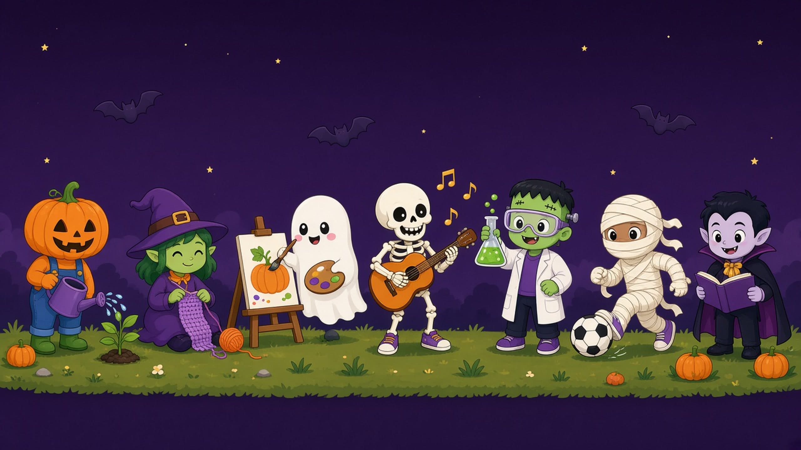 Cartoon Halloween characters doing electives: a pumpkin gardening, a witch crocheting, a ghost painting, a skeleton playing guitar, Frankenstein doing science, a mummy playing soccer, and a vampire reading.