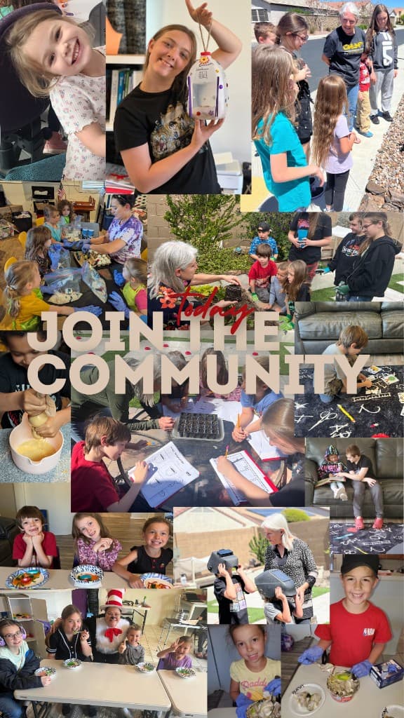 Collage of Community Schoolhouse student activities and community moments.